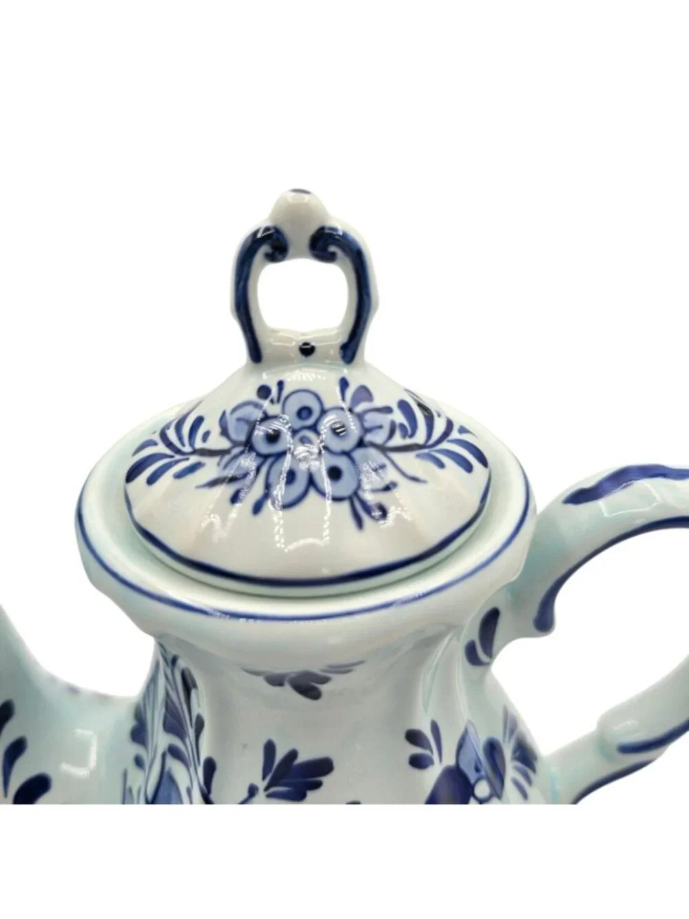 Hand-Painted Delft Blue Ceramic Teapot Lid Floral Design Holland Vintage Decor